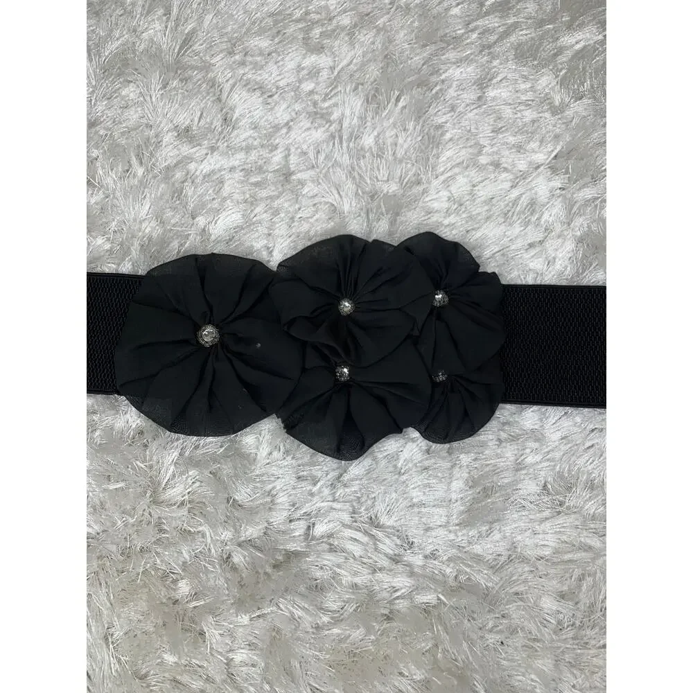 Black 3D Flower Belt Rhinestone Center Stretch Wide Belt Sz Small Medium